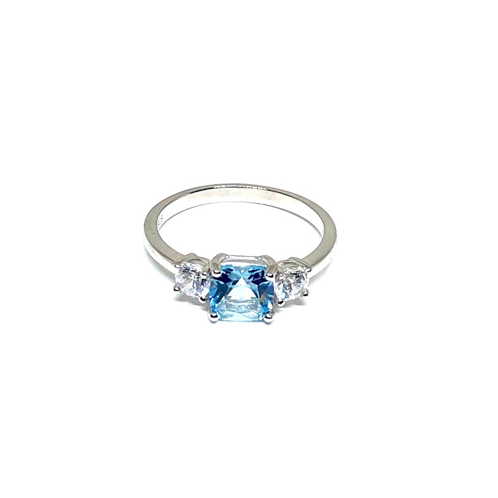 Three Stone Blue Cushion Sterling Silver Ring